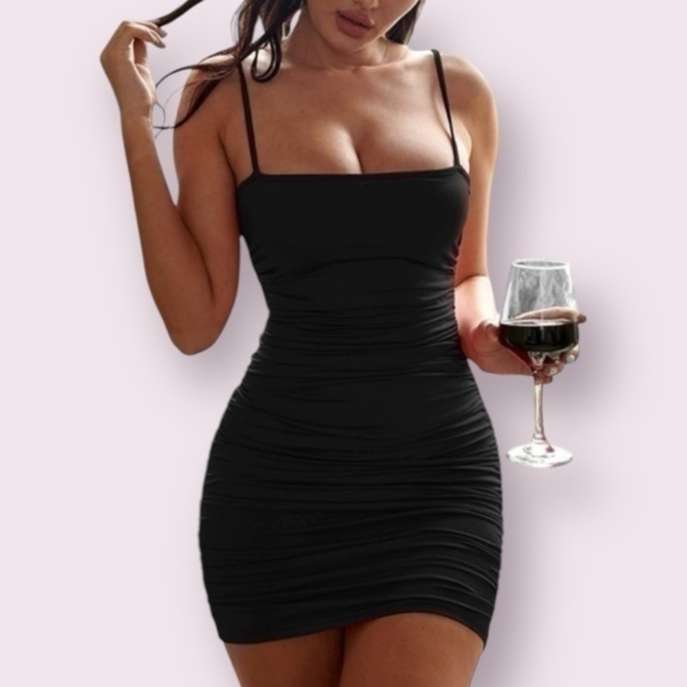 Women’s Black Bodycon Spaghetti Strap Ruched Mini Club Party Dress